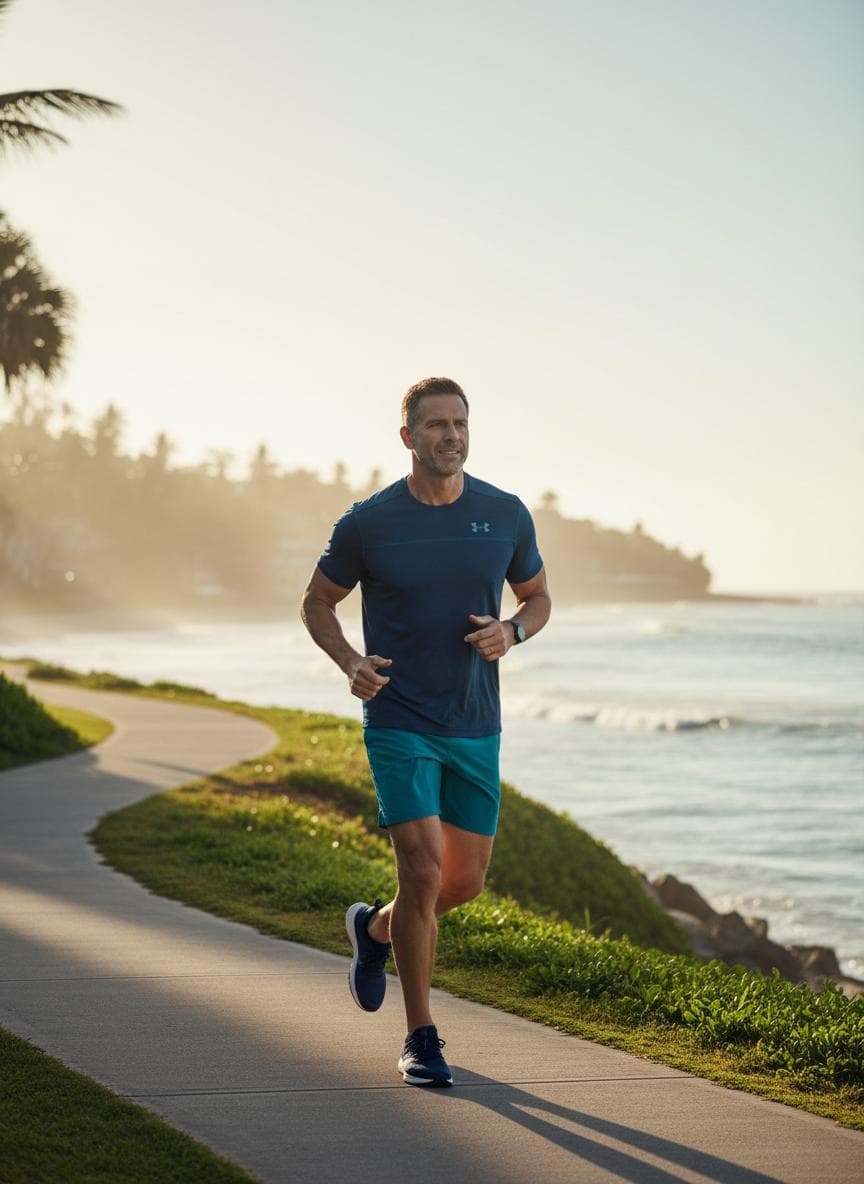 Active man jogging at golden hour