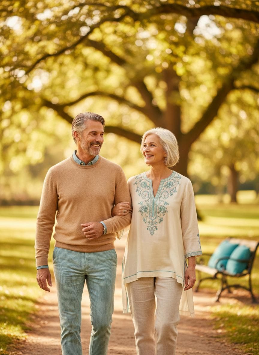Healthy couple walking through sunlit park