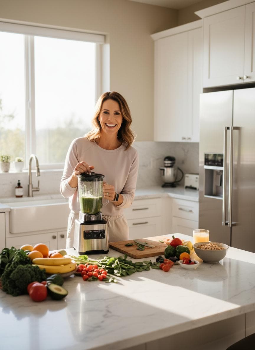 Woman preparing healthy morning smoothie