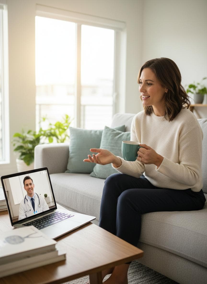 Woman having telehealth consultation from home